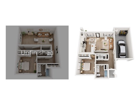 Two floor plans of an unfinished apartment.